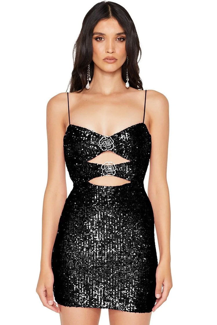 Sparkly Floral Crystal Cut Out Bodycon Sleeveless Sequin Party Mini Dress