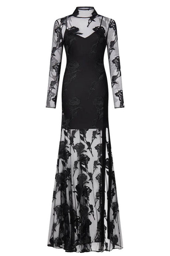 Sparkly Floral Jacquard High Neck Mesh Bandage Split Evening Maxi Dress - Black - Fashionpara