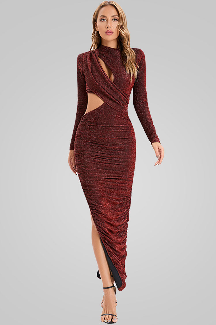 Sparkly Long Sleeve Ruched Cutout Split Formal Maxi Dress - Burgundy - Fashionpara