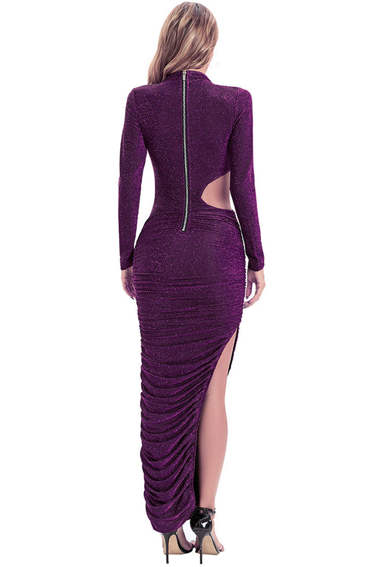 Sparkly Long Sleeve Ruched Cutout Split Formal Maxi Dress - Purple - Fashionpara