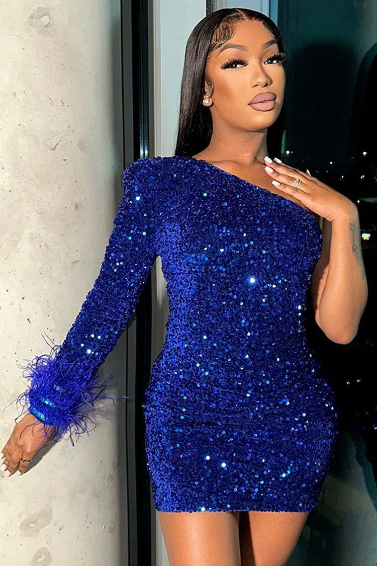 Sparkly One Shoulder Bodycon Velvet Feather Sequin Party Mini Dress - Royal Blue