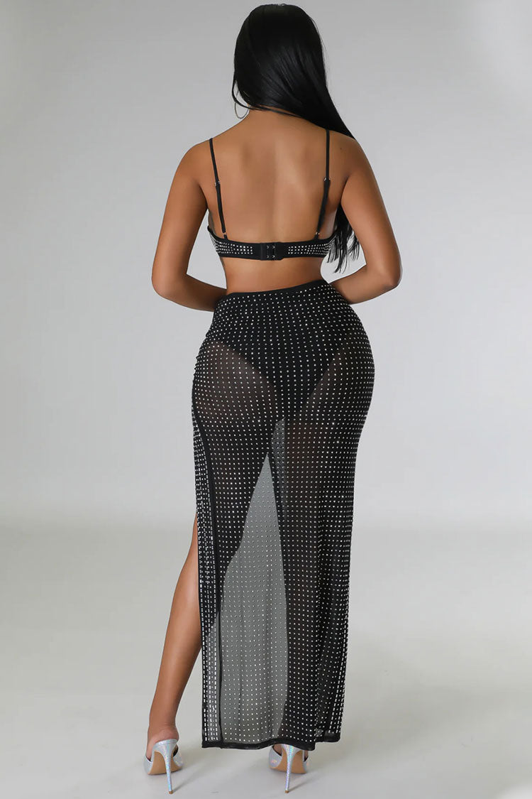 Sparkly Rhinestone Bra High Waist Split Mesh Maxi Two Piece Dress - Black