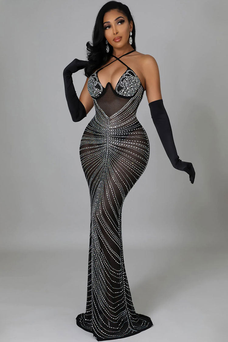 Sparkly Rhinestone Bustier Sheer Mesh Sleeveless Fishtail Evening Maxi Dress - Black - Fashionpara