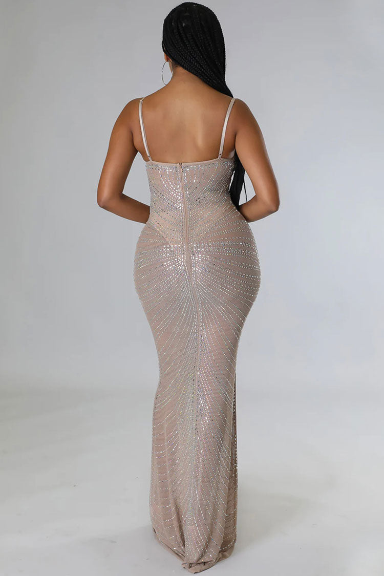 Sparkly Rhinestone Bustier Sheer Mesh Sleeveless Fishtail Evening Maxi Dress - Khaki - Fashionpara