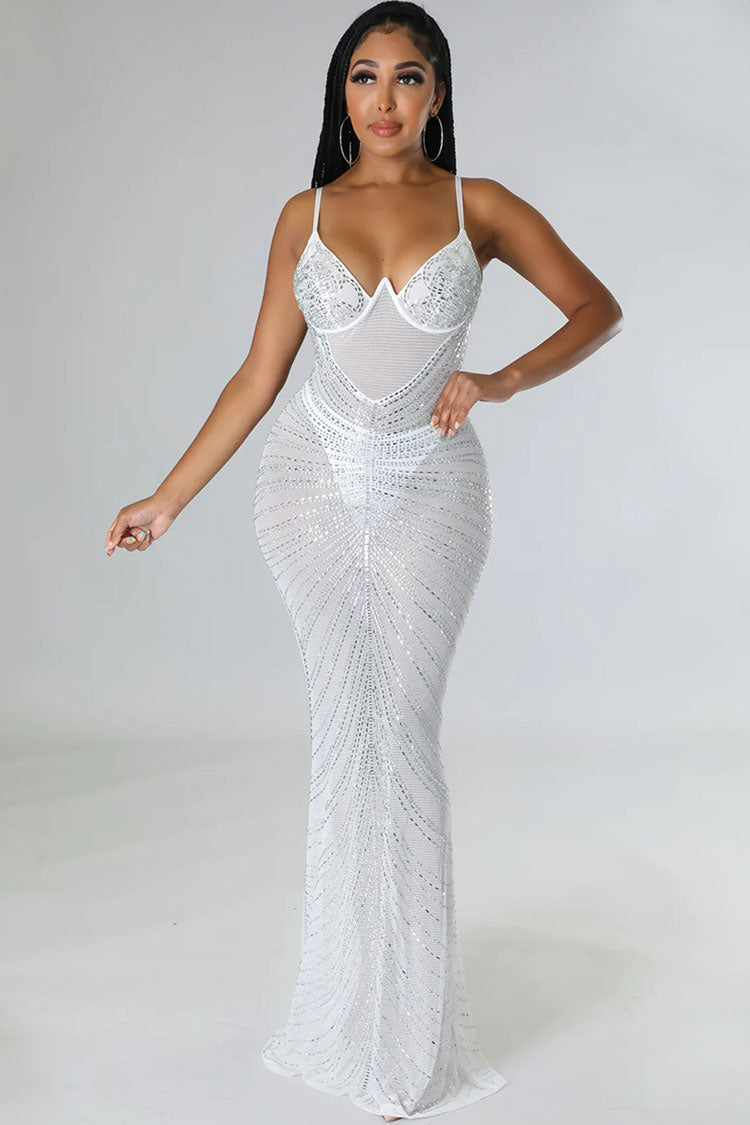 Sparkly Rhinestone Bustier Sheer Mesh Sleeveless Fishtail Evening Maxi Dress - White