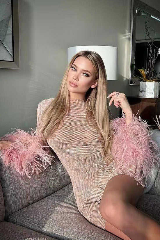 Sparkly Rhinestone Fishnet Feather Sleeve Long Sleeve Sheer Mini Dress - Pink