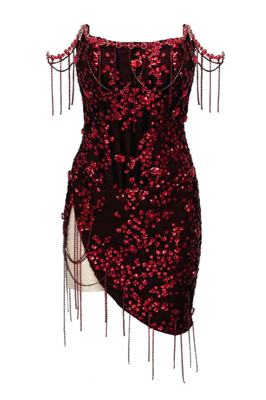 Sparkly Rhinestone Fringe Sequin Split Semi Sheer Corset Party Mini Dress - Burgundy - Fashionpara