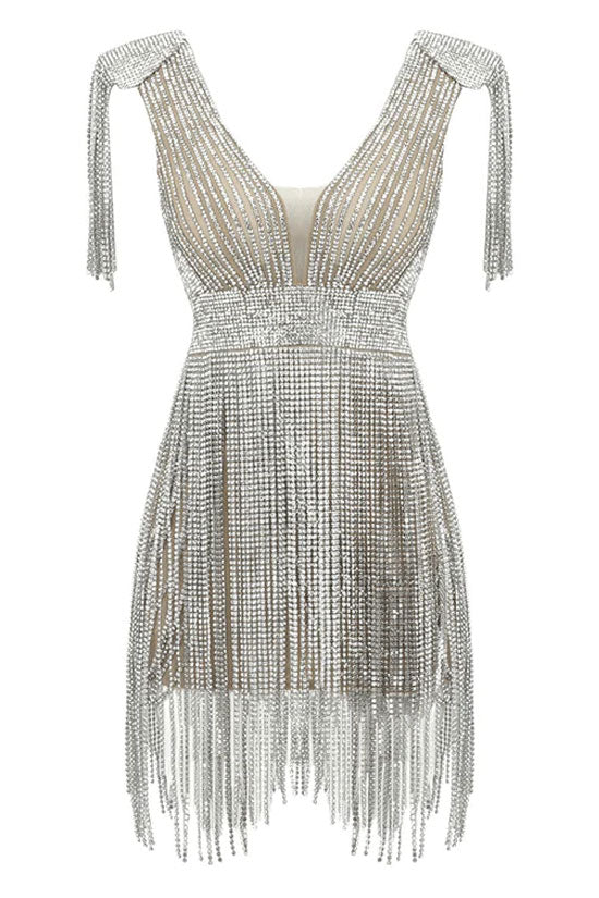 Sparkly Rhinestone Fringe Shoulder Pad Deep V Bodycon Party Mini Dress - Silver - Fashionpara