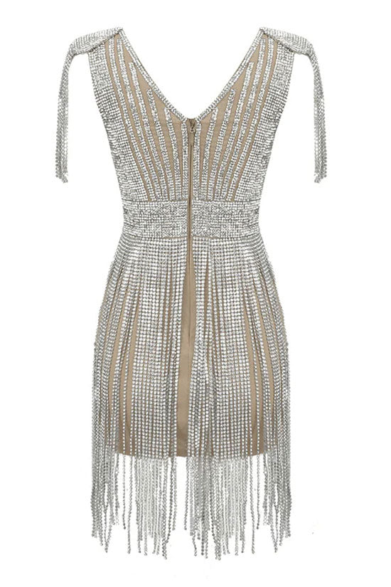 Sparkly Rhinestone Fringe Shoulder Pad Deep V Bodycon Party Mini Dress - Silver - Fashionpara