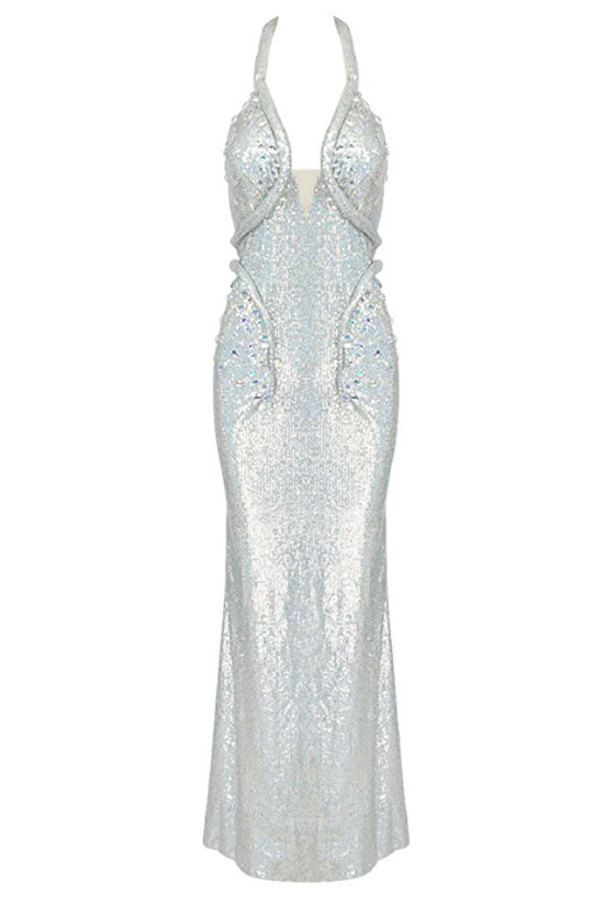 Sparkly Rhinestone Plunge Snake Halter Neck Sequin Maxi Dress - Silver