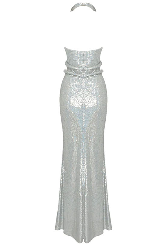 Sparkly Rhinestone Plunge Snake Halter Neck Sequin Maxi Dress - Silver