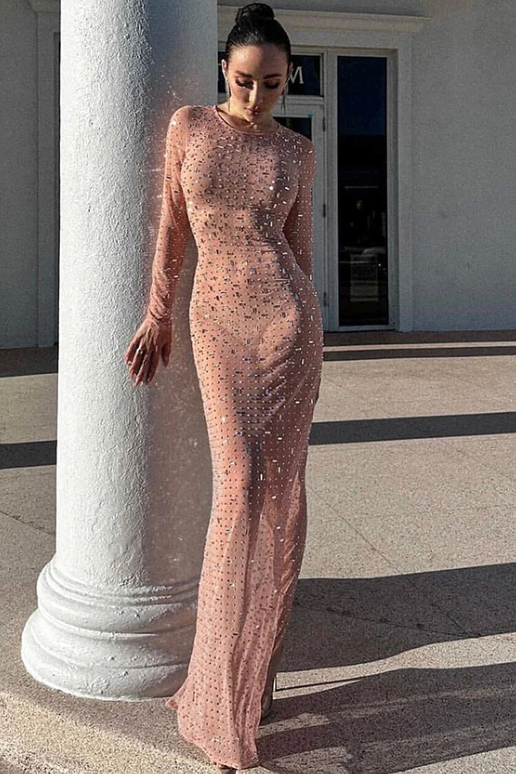 Sparkly Rhinestone Round Neck Long Sleeve Split Sheer Mesh Maxi Dress - Pink - Fashionpara