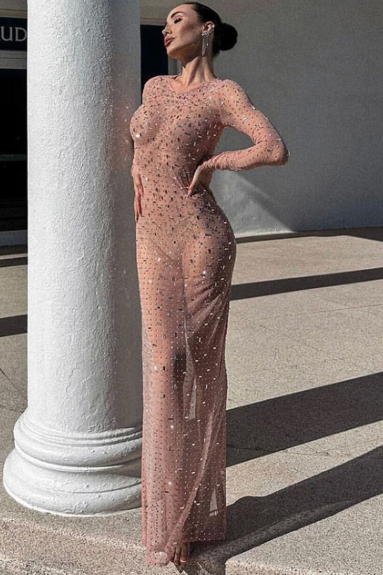 Sparkly Rhinestone Round Neck Long Sleeve Split Sheer Mesh Maxi Dress - Pink - Fashionpara