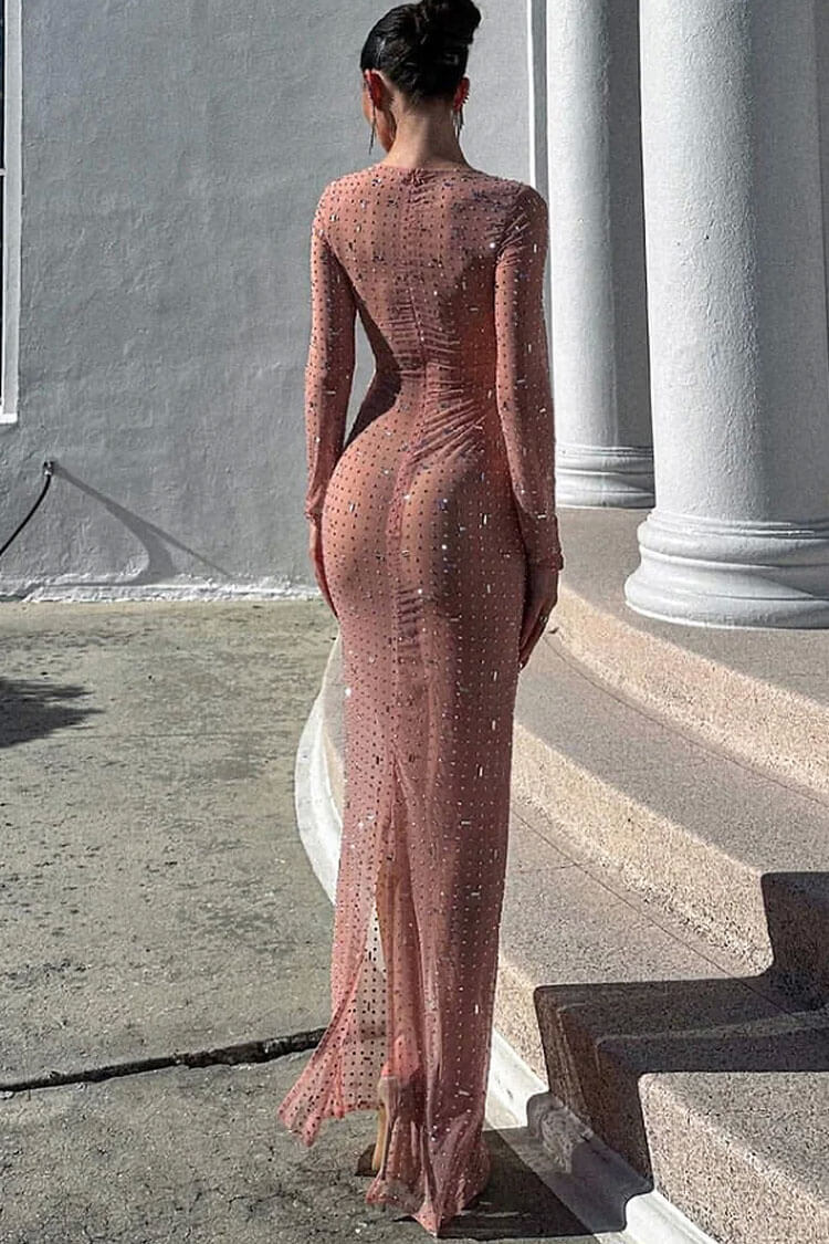 Sparkly Rhinestone Round Neck Long Sleeve Split Sheer Mesh Maxi Dress - Pink - Fashionpara