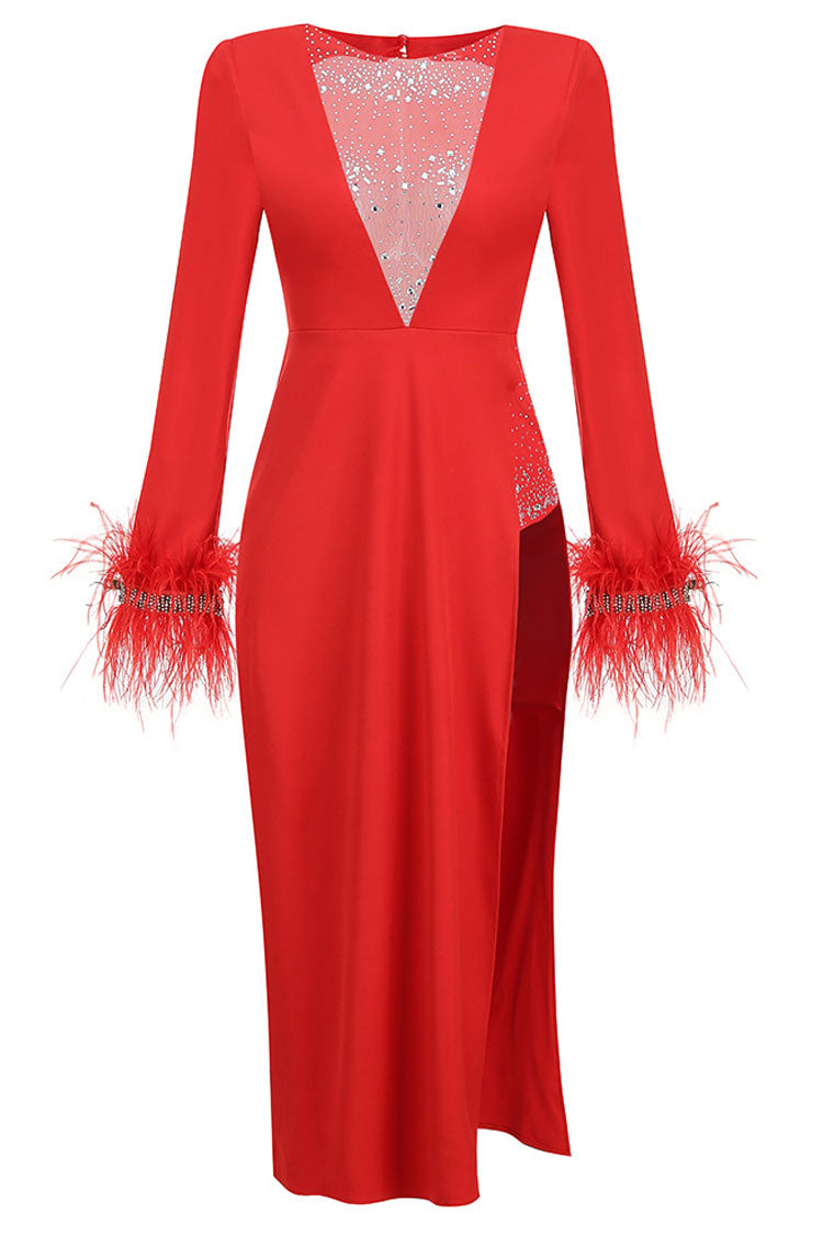 Sparkly Rhinestone Sheer Mesh Feather Trim Long Sleeve Split Evening Maxi Dress - Red - Fashionpara