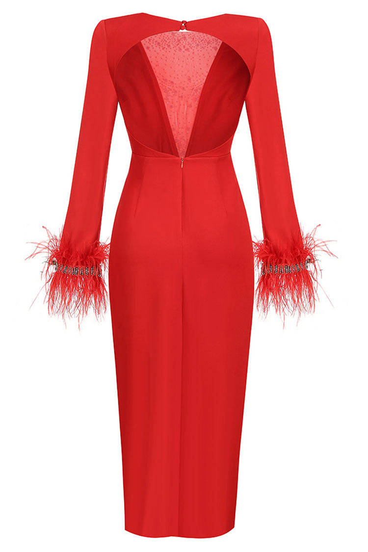 Sparkly Rhinestone Sheer Mesh Feather Trim Long Sleeve Split Evening Maxi Dress - Red - Fashionpara