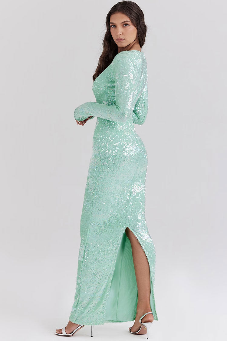 Sparkly Sequin Bow Tie Cutout Long Sleeve Mermaid Evening Maxi Dress