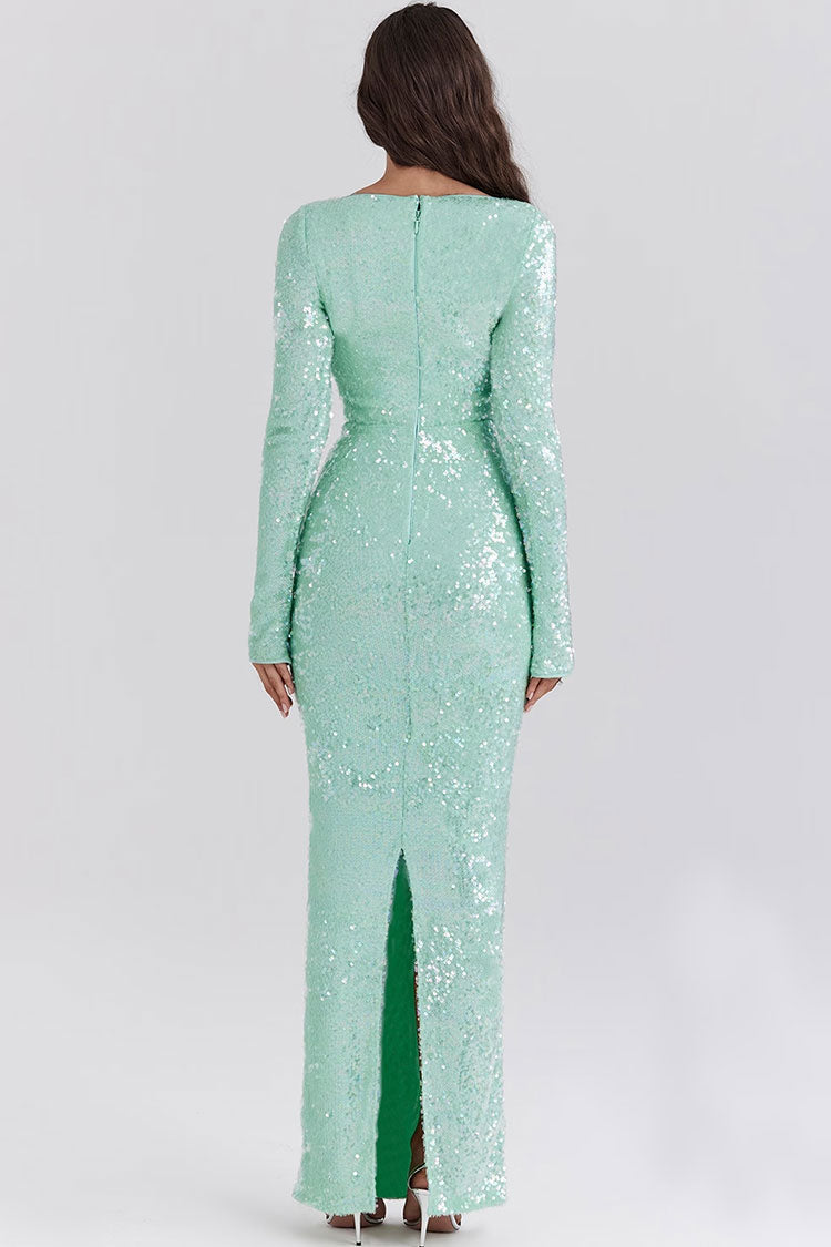 Sparkly Sequin Bow Tie Cutout Long Sleeve Mermaid Evening Maxi Dress