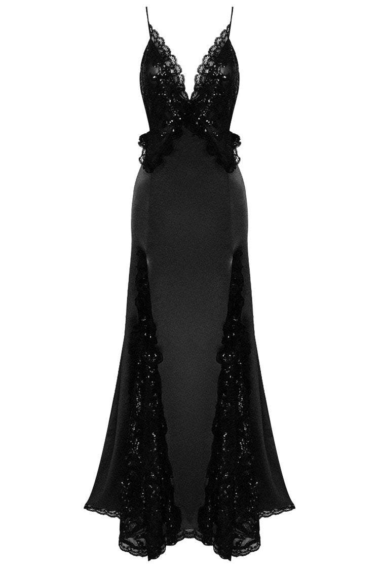 Sparkly Sequin Lace Trim Deep V Split Sleeveless Evening Maxi Dress - Black