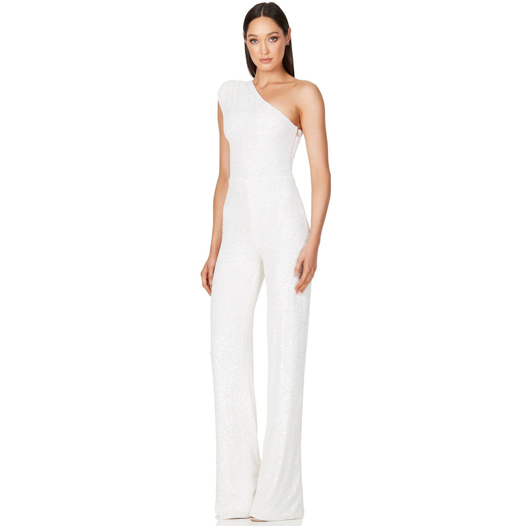 Sparkly Sequin Padded One Shoulder Wide Leg Disco Jumpsuit - White