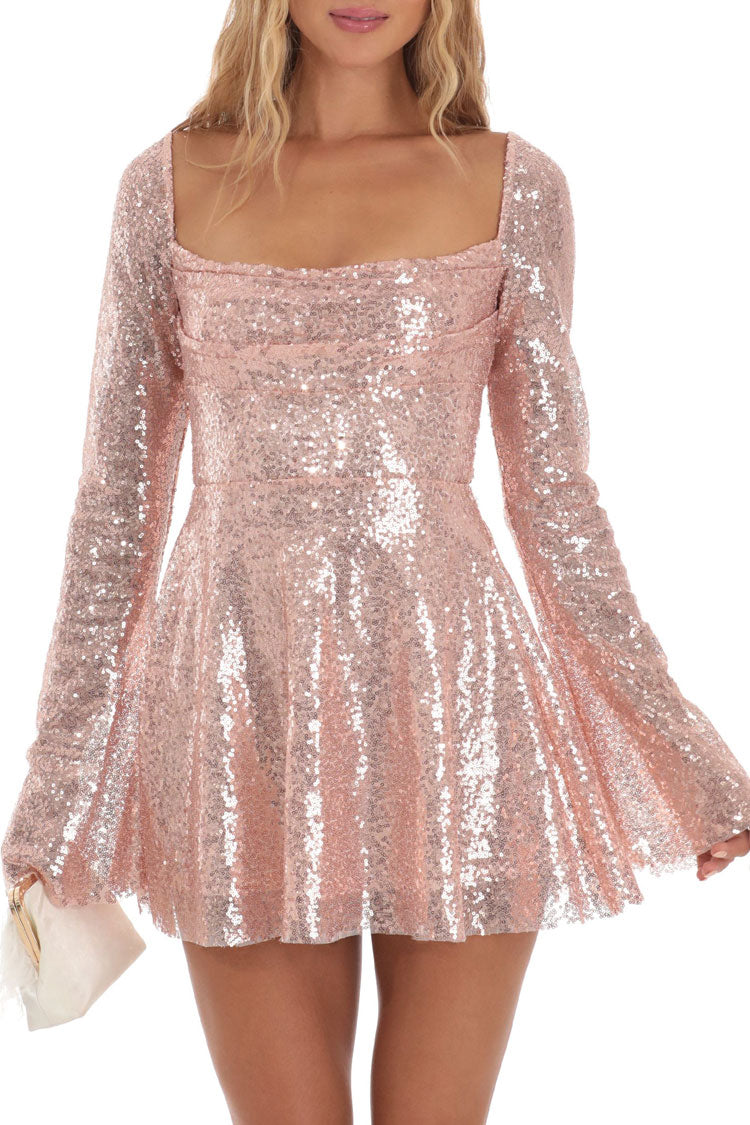 Sparkly Sequin Pleated Square Neck Bell Sleeve Skater Party Mini Dress - Gold - Fashionpara