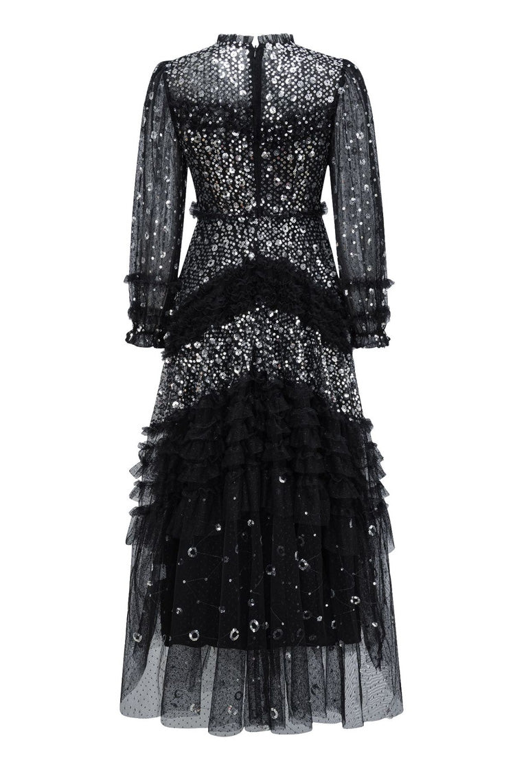 Sparkly Sequin Polka Dot Ruffle Mock Neck Tiered Tulle Maxi Evening Dress - Fashionpara