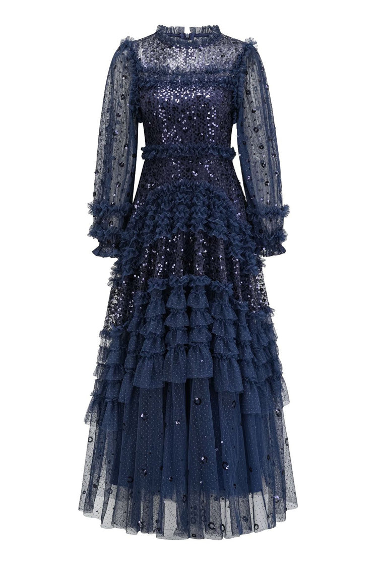 Sparkly Sequin Polka Dot Ruffle Mock Neck Tiered Tulle Maxi Evening Dress - Fashionpara