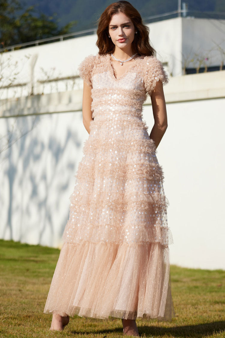 Sparkly Sequin V Neck Layered Ruffle Summer Tulle Evening Maxi Dress - Pink