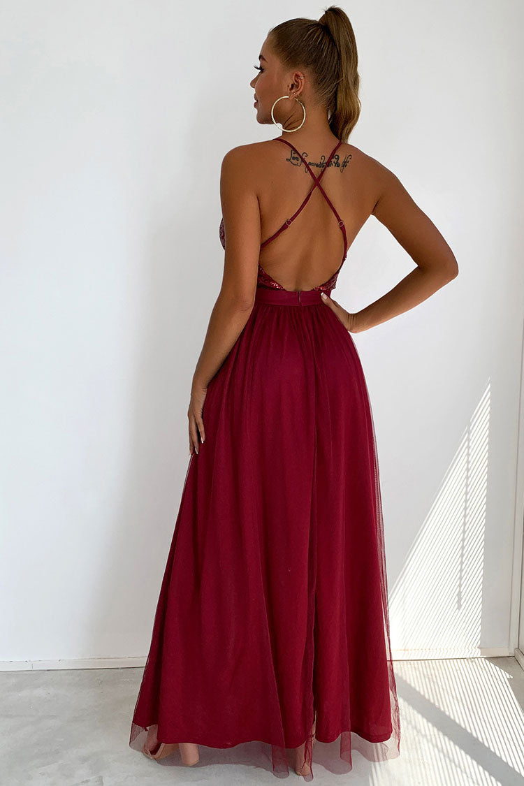 Sparkly Sequined Deep V High Split Backless Evening Maxi Dress - Burgundy