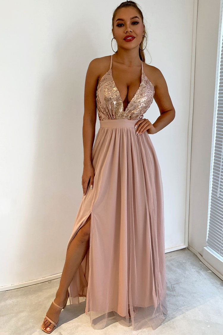 Sparkly Sequined Deep V High Split Backless Evening Maxi Dress - Champange