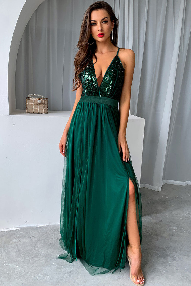 Sparkly Sequined Deep V High Split Backless Evening Maxi Dress - Green