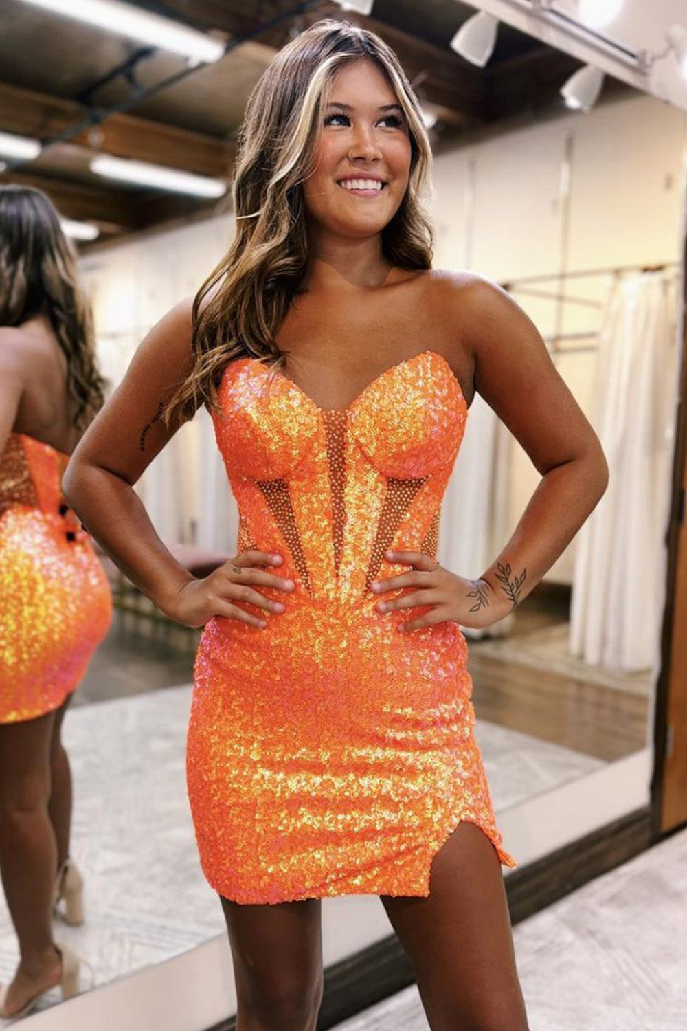 Sparkly Strapless Bodycon Sequined Short Homecoming Dress with Slit