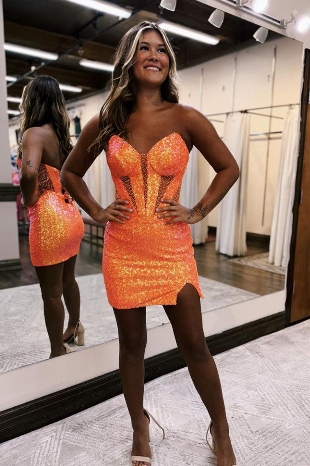 Sparkly Strapless Bodycon Sequined Short Homecoming Dress with Slit