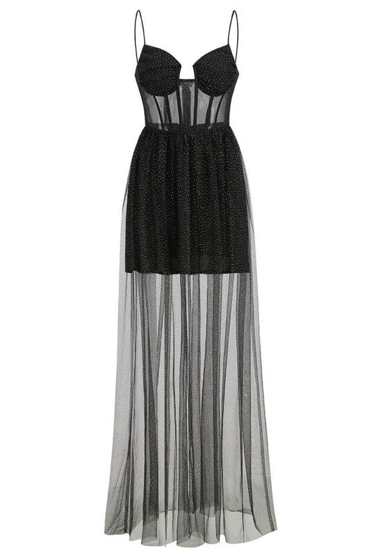 Sparkly Sweetheart Cami Sheer Tulle Corset Evening Maxi Dress - Black