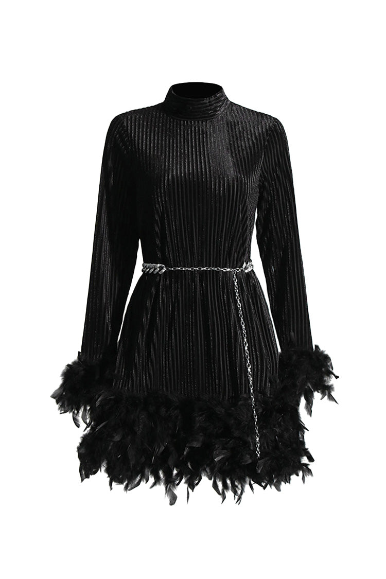 Sparkly Tennis Chain Striped Sheer Velvet Feather Trim Party Mini Dress - Fashionpara