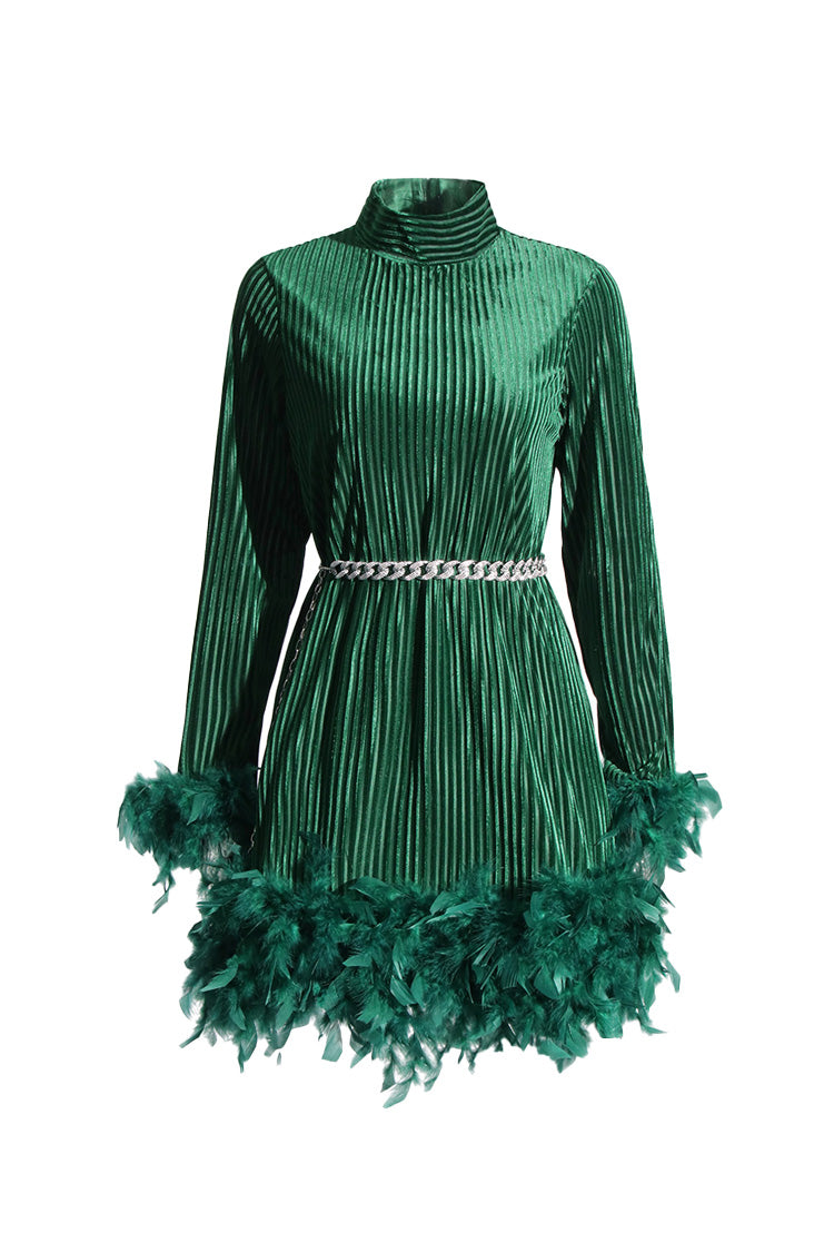 Sparkly Tennis Chain Striped Sheer Velvet Feather Trim Party Mini Dress - Fashionpara