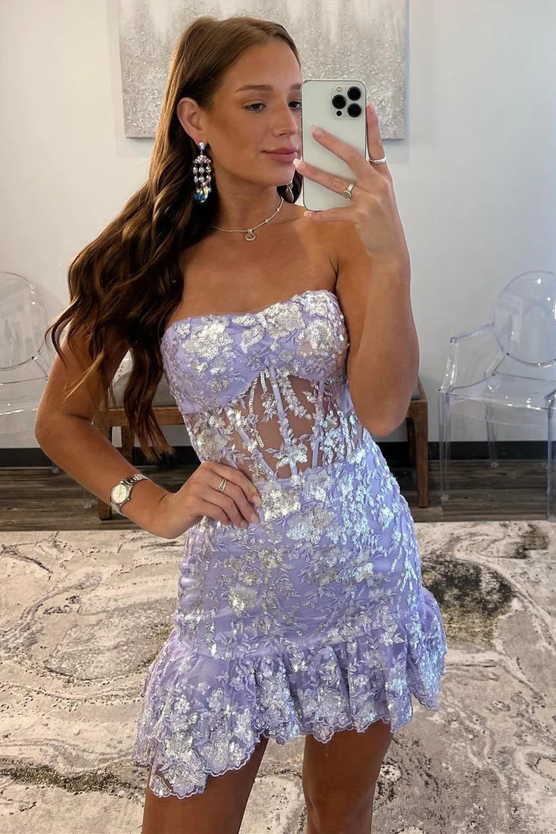 Strapless Lavender Sequined Tight Mini Dress with Ruffles