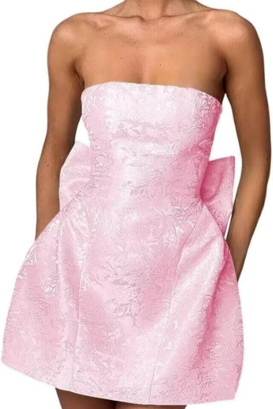 Stunning Sleeveless Ruched Satin Floral Jacquard Mini Homecoming Dress with Bow