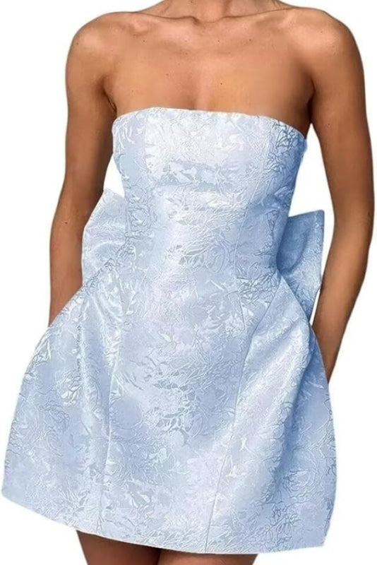 Stunning Sleeveless Ruched Satin Floral Jacquard Mini Homecoming Dress with Bow