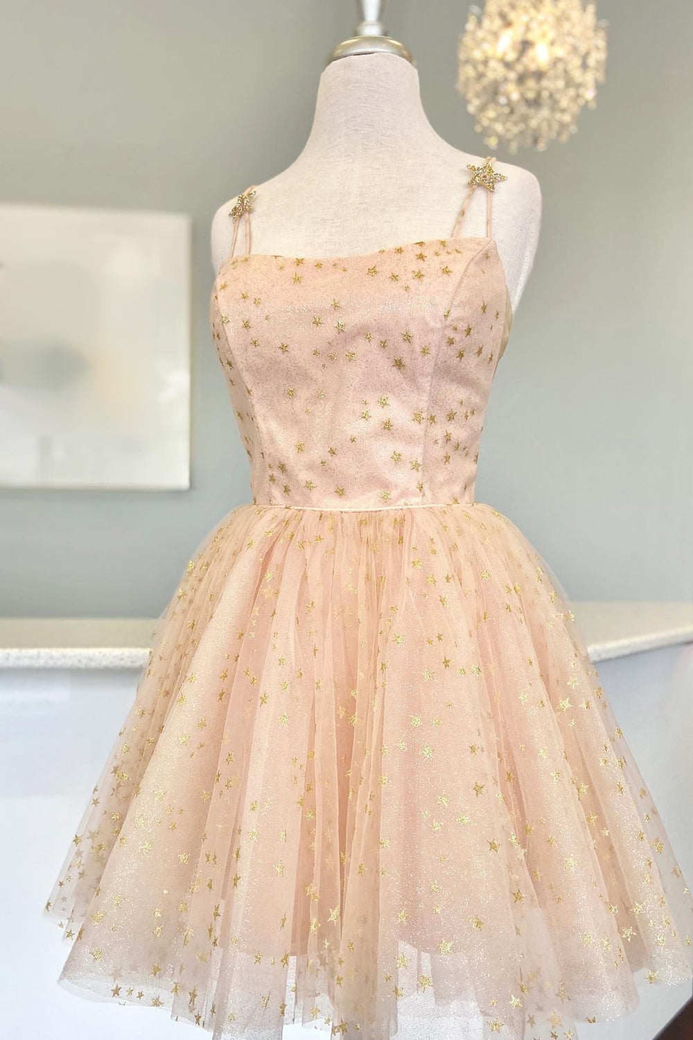 Straps Champagne A-Line Tulle Homecoming Dress with Gold Star Accents