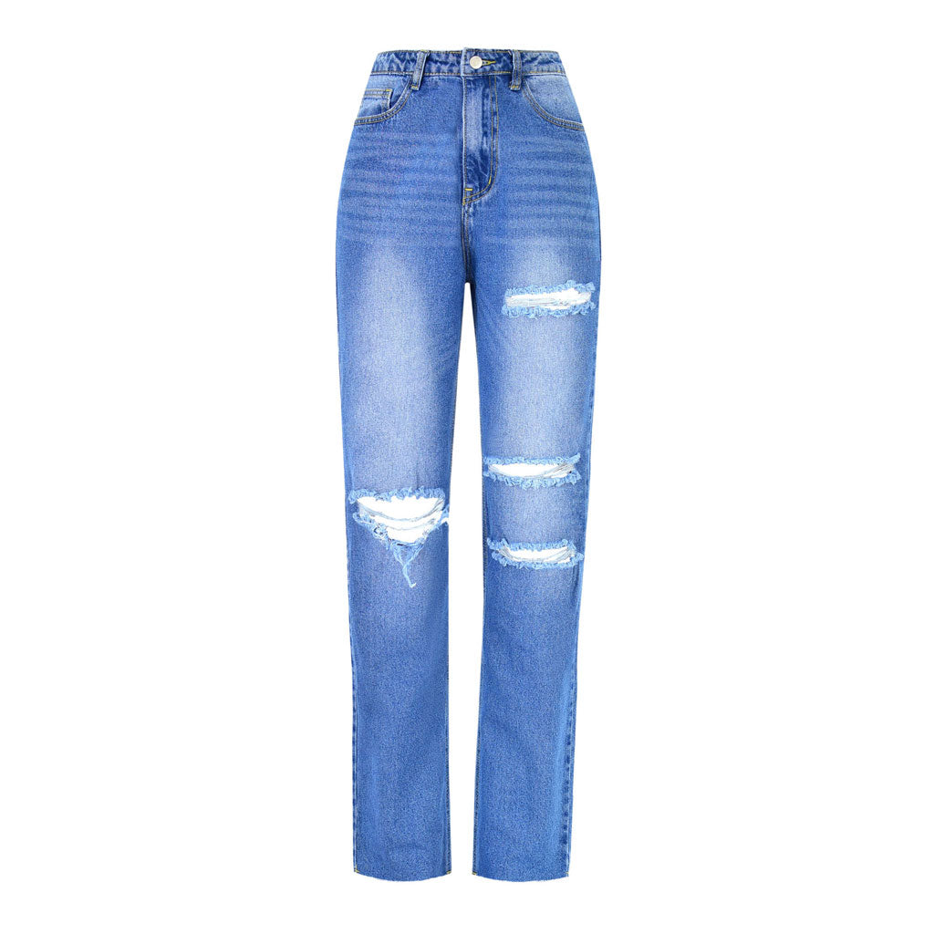 Street Style Cut Out High Waist Frayed Straight Leg Jeans- Blue