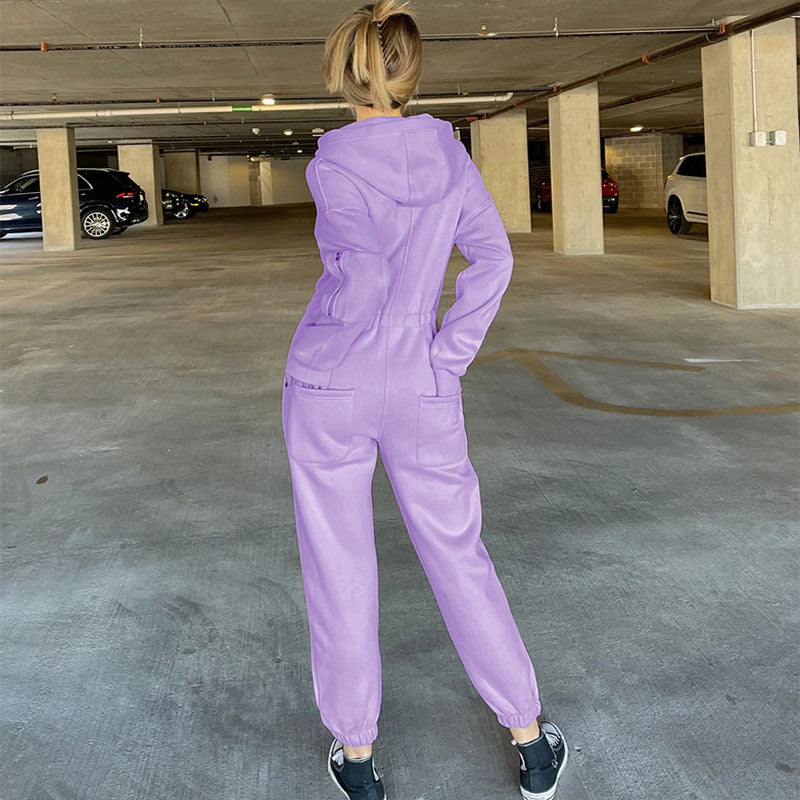 Lace Up Hooded Drop Shoulder Long Sleeve Jumpsuit - Purple - Fashionpara