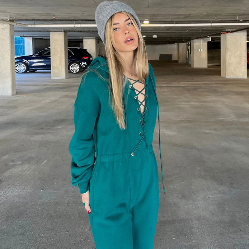 Lace Up Hooded Drop Shoulder Long Sleeve Jumpsuit - Turquoise - Fashionpara