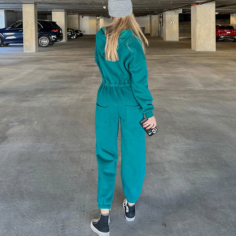 Lace Up Hooded Drop Shoulder Long Sleeve Jumpsuit - Turquoise - Fashionpara