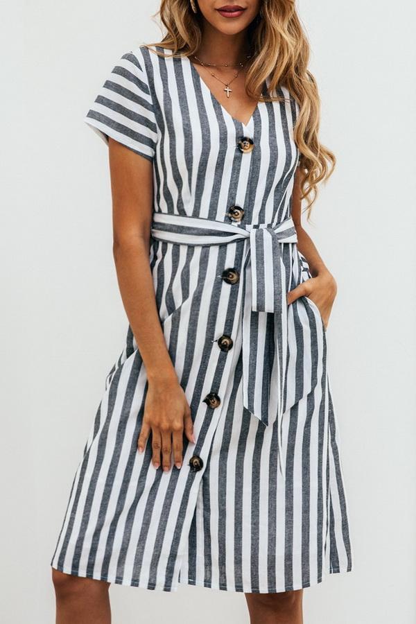 Stripe Pocket V-neck Single Breasted Dress