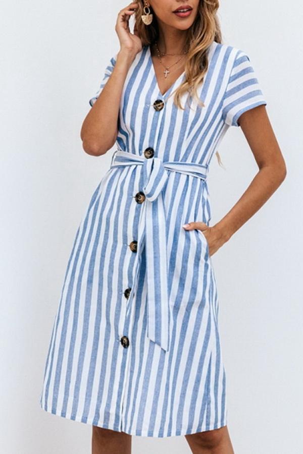 Stripe Pocket V-neck Single Breasted Dress