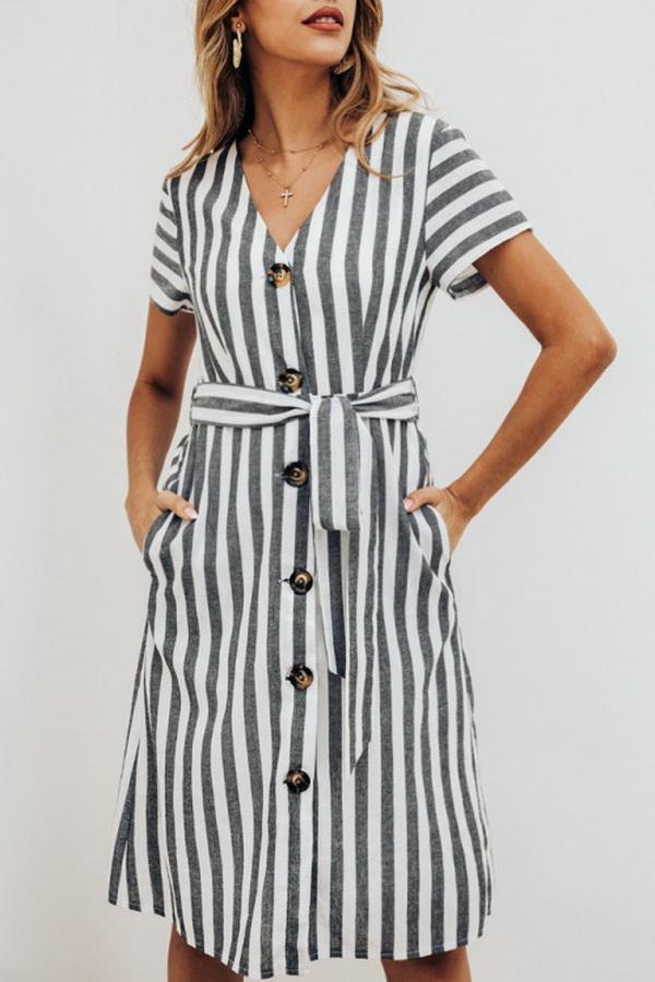 Stripe Pocket V-neck Single Breasted Dress