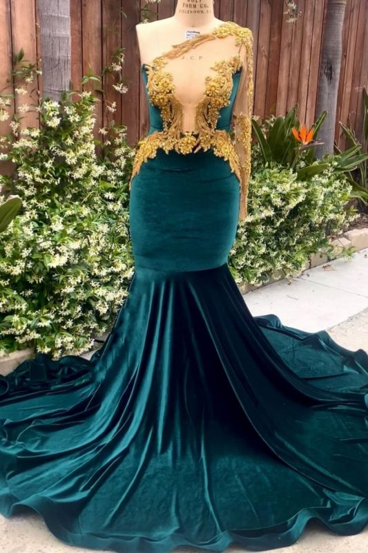 Dazzling One Shoulder Dark Green Mermaid Prom Dress with 3D Gold Embellishments - Fashionpara