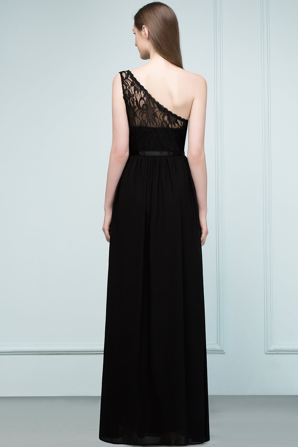 Stylish Black Chiffon One-Shoulder Lace Affordable Bridesmaid dresses