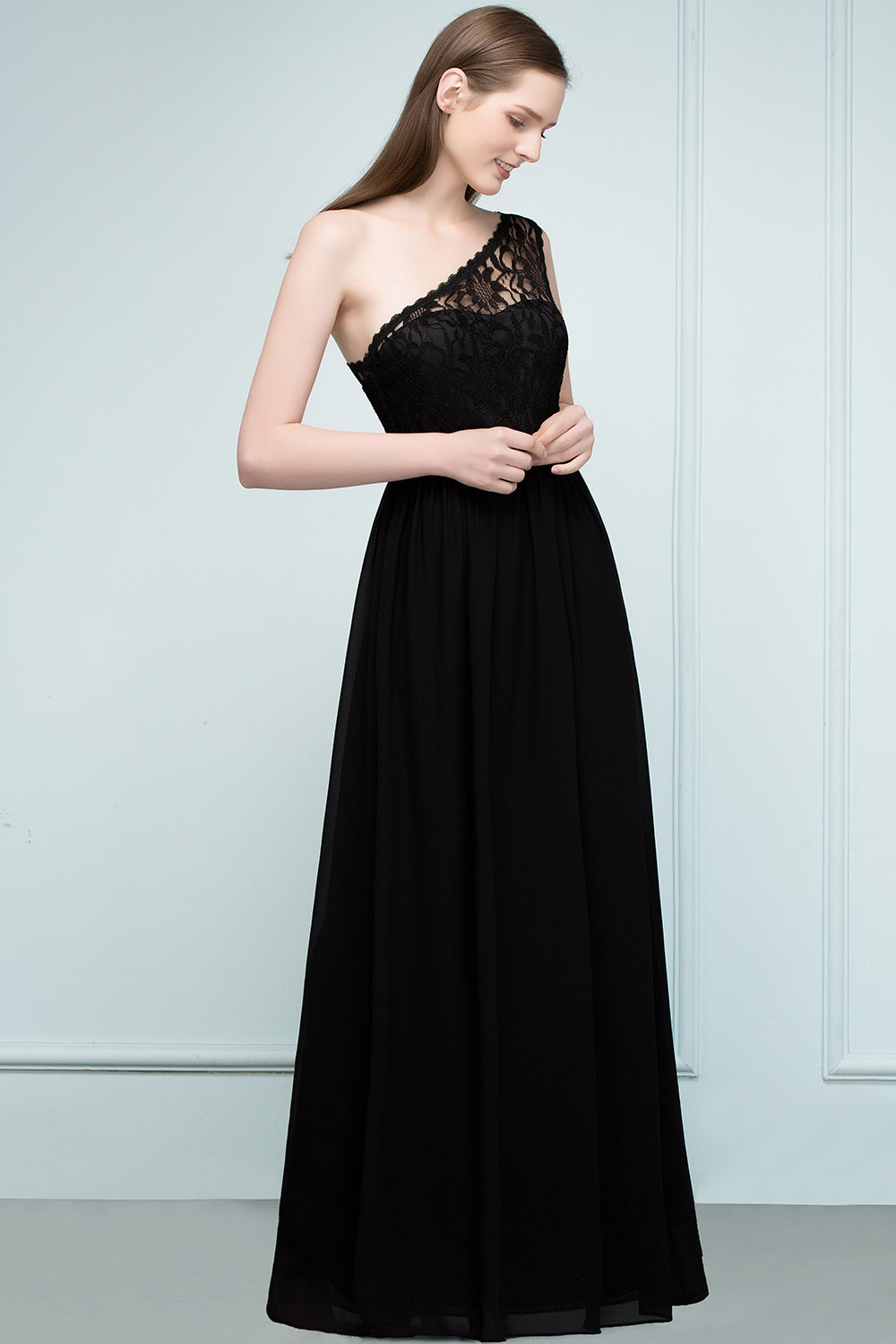 Stylish Black Chiffon One-Shoulder Lace Affordable Bridesmaid dresses